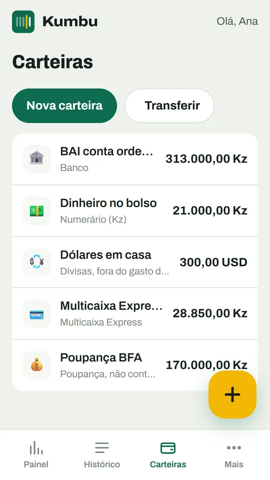 App Kumbu: lista de carteiras com banco, dinheiro, dólares, Multicaixa Express e poupança