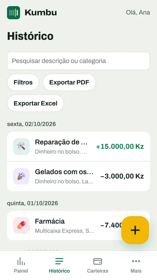 Histórico do Kumbu com os movimentos agrupados por dia e botões para exportar em PDF e Excel