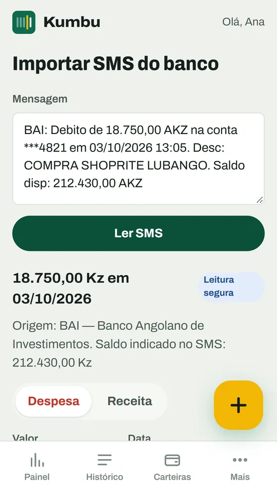 Ecrã de importação de SMS do banco no Kumbu, com o movimento lido a partir da mensagem