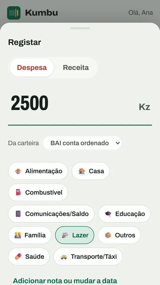 Ecrã de registo rápido do Kumbu: valor de 2500 kwanzas e categorias como Alimentação, Casa e Transporte