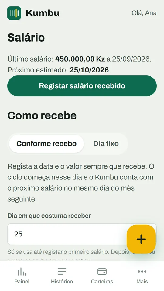 Ecrã de salário do Kumbu, com a opção de registar o salário conforme recebe ou em dia fixo
